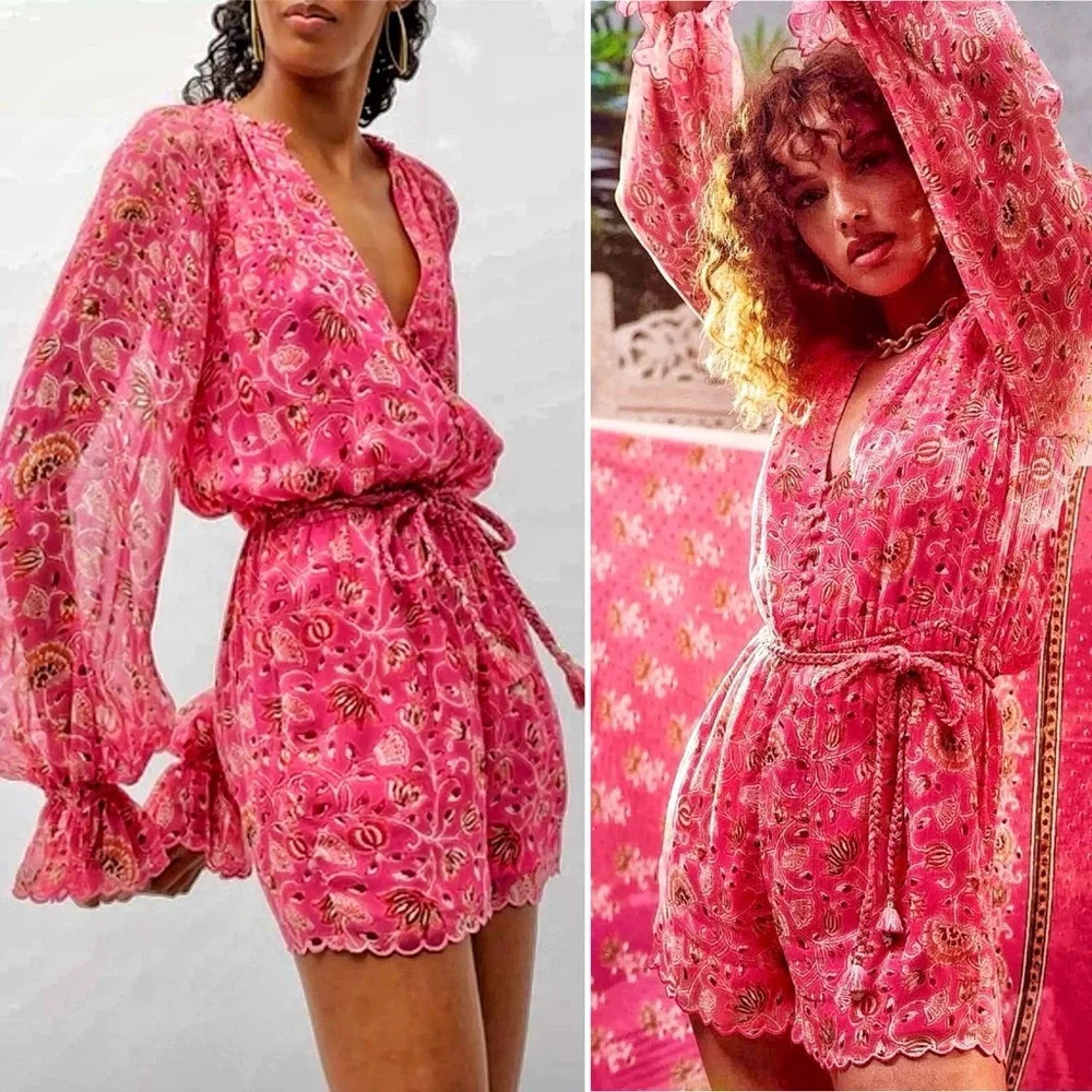 Hemant and Nandita Nara Tulip Pink Floral Romper Playsuit Long Sleeve.over-Up XS